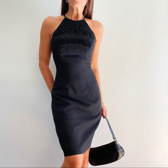 Vintage Carole Little black beaded High Neck Gown 4 Small Minidress - Picture 2 of 4